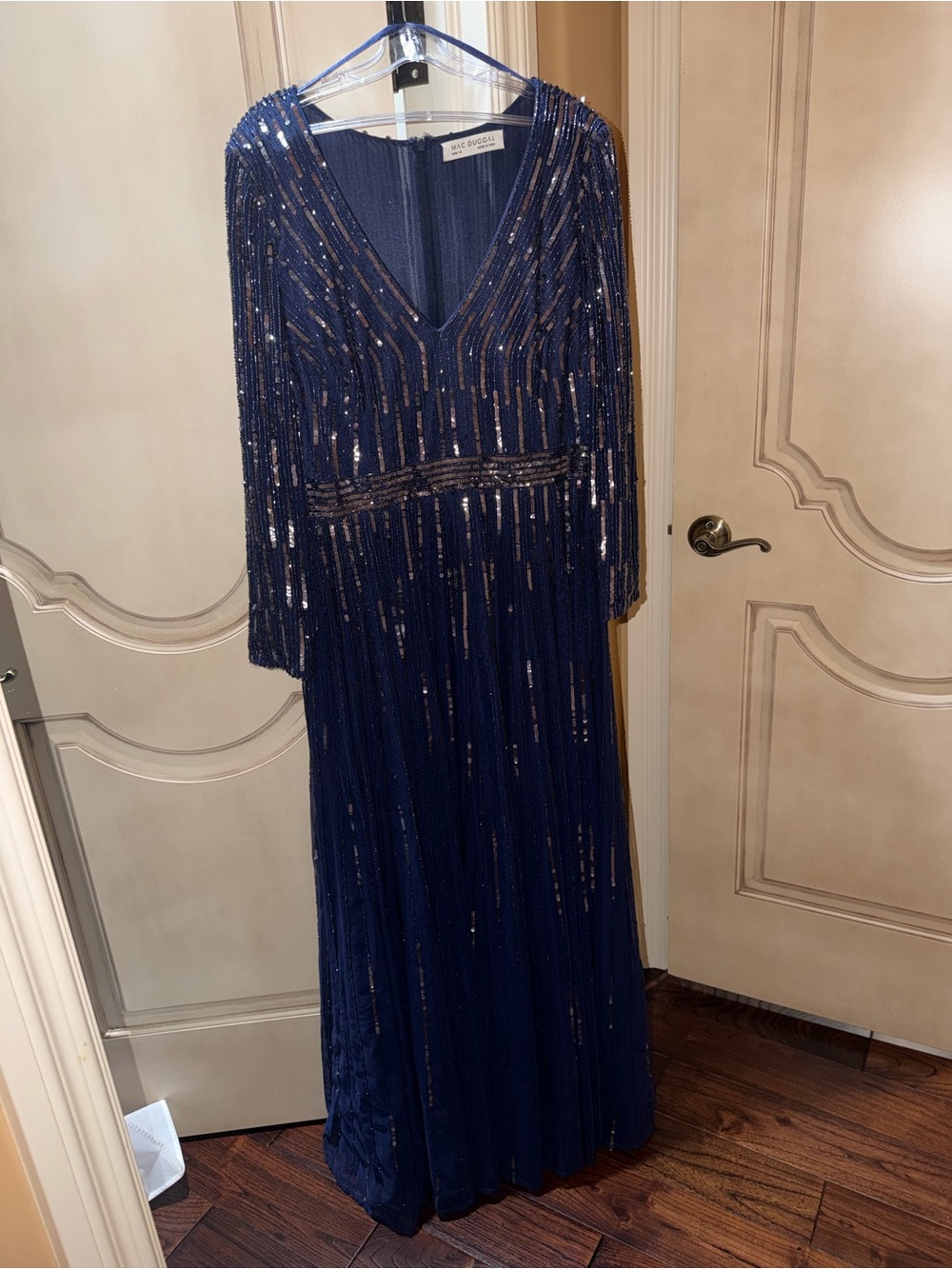 Mac Duggal Navy Beaded V-Neck Maxi Gown